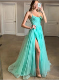 Turquoise Backless Spaghetti Straps Split Appliqued Prom Dress AH0172