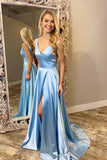 Light Blue V Neck Simple Prom Gown, A Line Sleeveless Formal Dress with Train N1708
