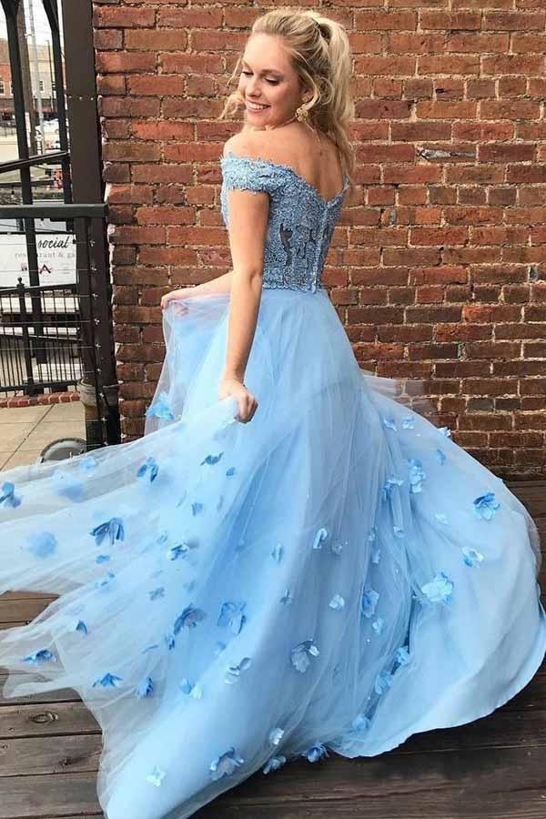 Two Piece Off the Shoulder Tulle Prom Dress with Lace, A Line 2 Piece Long Formal Dress N1705