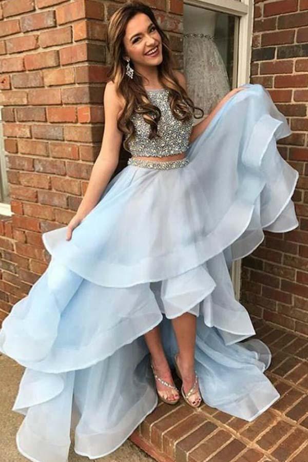 Light Blue Two Piece Beading High Low Prom Dresses Sparkly Sleeveless Evening Dresses N1706