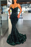 Mermaid Spaghetti Strap Dark Green Sequins Long Prom Dress PD0195