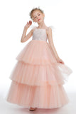 A Line Ruffles Layered Pink Tulle Appliques Flower Girl Dresses