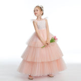 A Line Ruffles Layered Pink Tulle Appliques Flower Girl Dresses