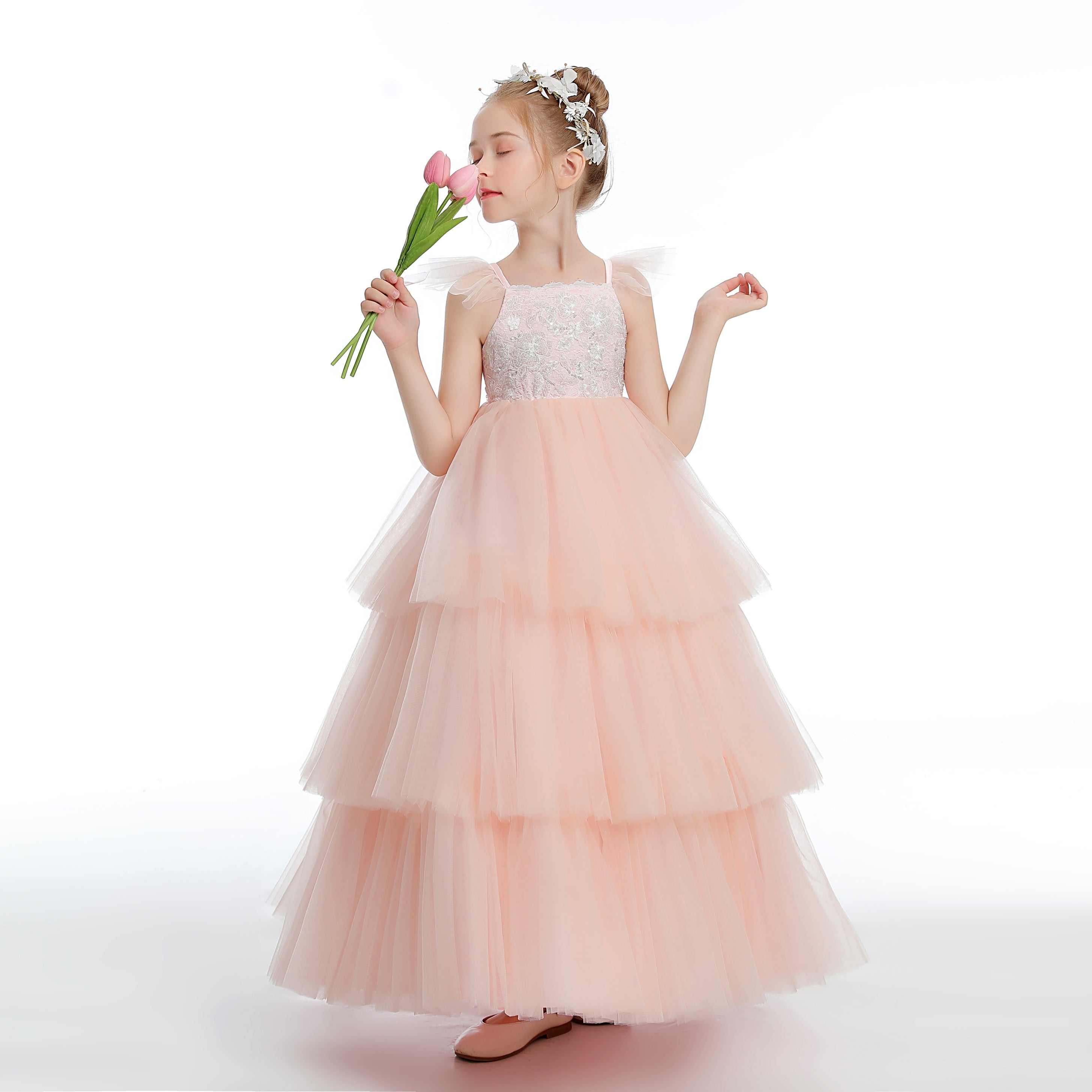 A Line Ruffles Layered Pink Tulle Appliques Flower Girl Dresses