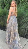 Popular A Line Spaghetti Straps Side Slit Lace Long Prom Dresses