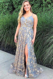 Popular A Line Spaghetti Straps Side Slit Lace Long Prom Dresses