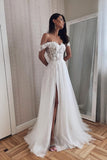 Charming A Line Off the Shoulder Tulle Wedding Dresses with Appliques N080