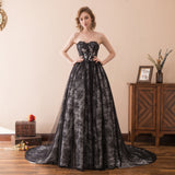Unique A Line Strapless Sweetheart Black Lace Court Train Prom Dresses WH32618