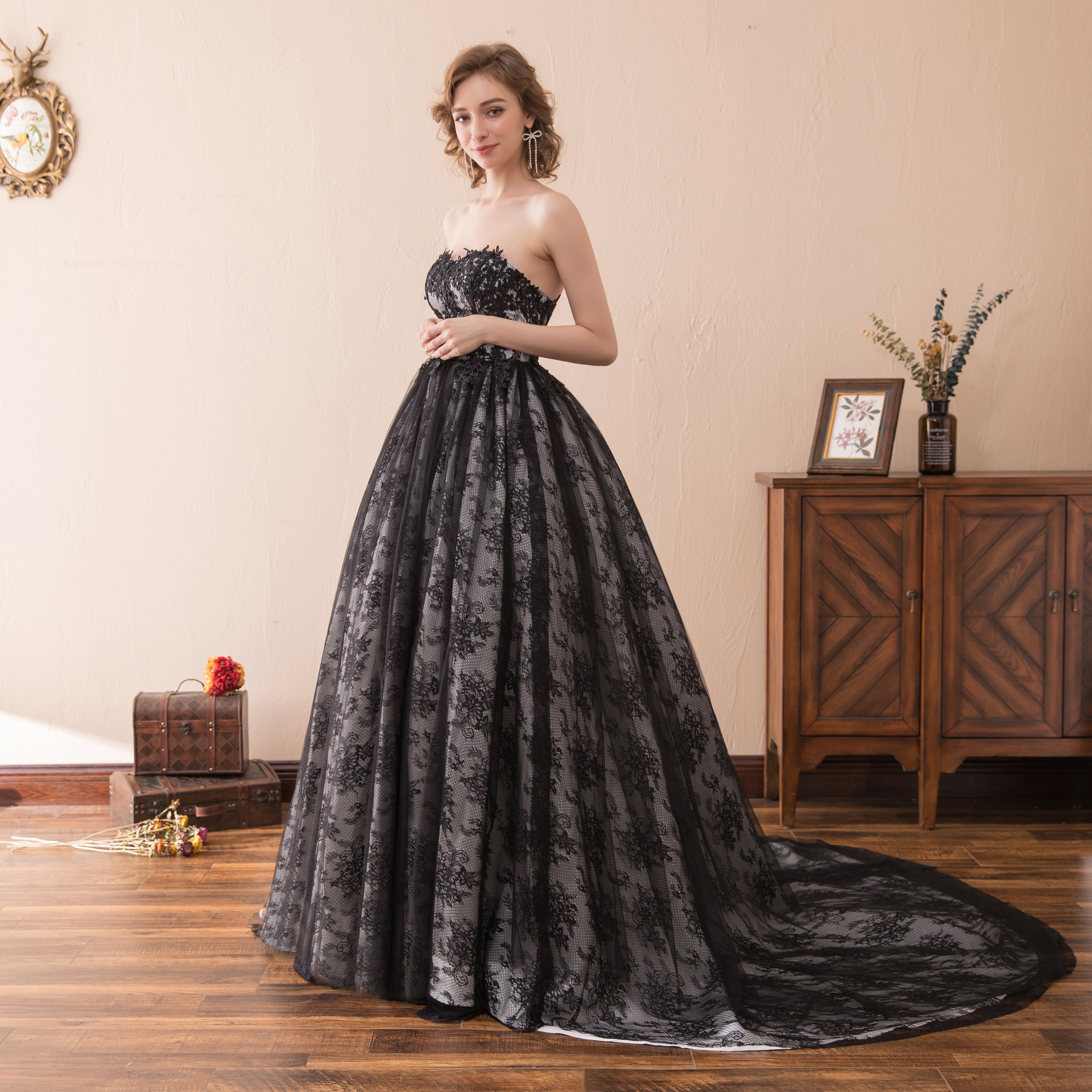 Unique A Line Strapless Sweetheart Black Lace Court Train Prom Dresses WH32618