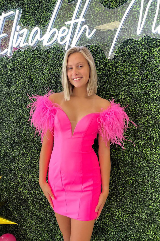 Off the Shoulder Hot Pink Short Homecoming Dresses with Feather AB082802