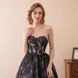 Unique A Line Strapless Sweetheart Black Lace Court Train Prom Dresses WH32618