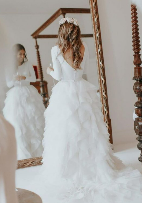 Ruffles Long Sleeves Tulle Beach Wedding Dresses with Sweep Train
