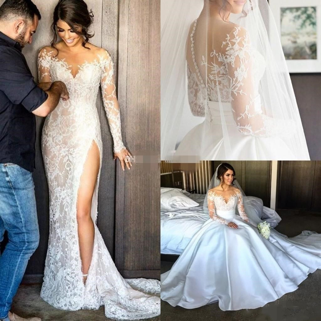 Romantic Lace Wedding Dresses with Satin Skirt with Long Sleeves Illusion Back N1469