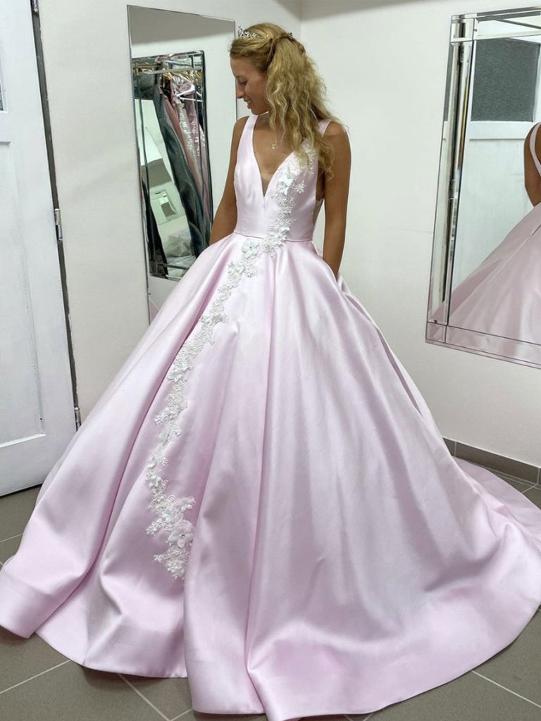 Light Pink Satin V-Neck Ball Gown Long Lace Appliques Evening Dress Prom Dress
