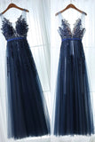 Dark Blue A Line Tulle Prom Dresses with V Back Floor Length Sleeveless Dresses with Appliques N2674