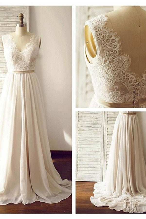 Elegant V-Neck Sleeveless Lace Appliqued Chiffon Beach Wedding Dresses