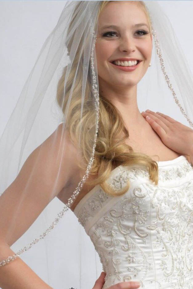 One Layer Fingertip Wedding Veil with Crystals and Sequins, Ivory Beading Edge Veil