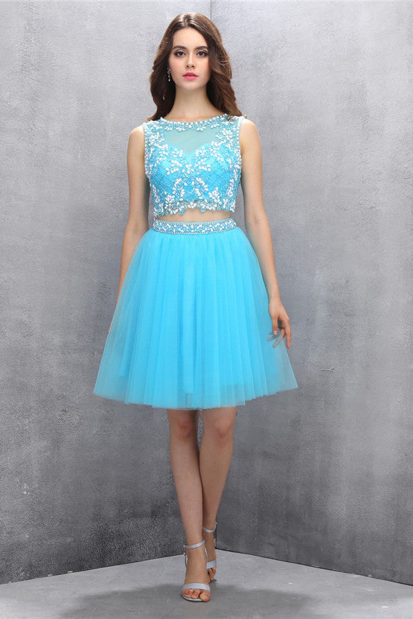 Two Piece Organza Open Back Beaded Homecoming Prom Dresses ED73