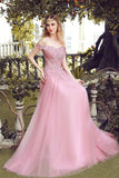 Pink Off the Shoulder Tulle Prom Dresses with Lace Appliques Long Evening Dresses N2677