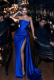 Elegant Royal Blue Mermaid Straps Satin Long Prom Dresses With Slit PD0566