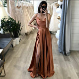 A Line Brown Evening Party Dress Long Prom Dress With Slit
