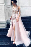 Sexy Long SleevesTulle Lace Appliques Pink Evening Dress Mermaid Prom Dress