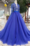 Royal Blue Long Sleeve Tulle Prom Dresses with Lace Long Party Dresses with Beads N1648