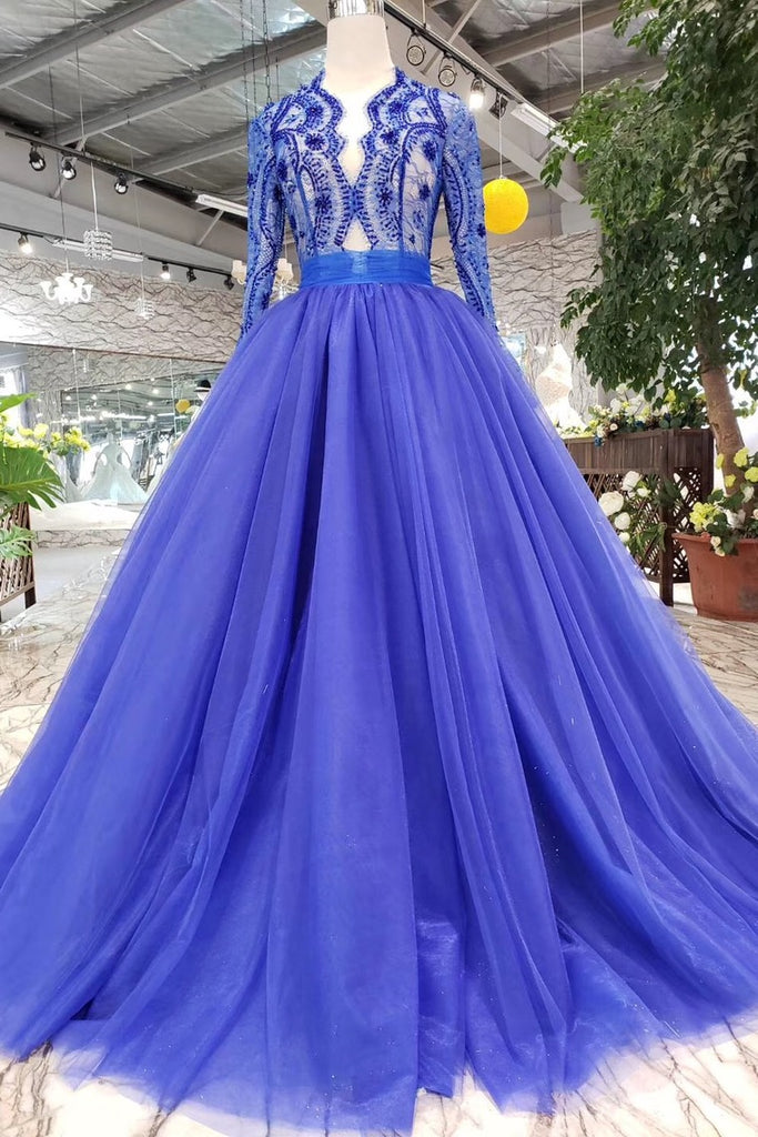 Royal Blue Long Sleeve Tulle Prom Dress with Lace, Long Party Dress with Beads N1648