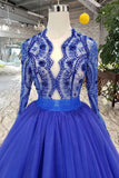 Royal Blue Long Sleeve Tulle Prom Dresses with Lace Long Party Dresses with Beads N1648