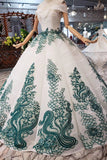 New Arrival Ball Gown Off the Shoulder Prom Dresses with Green Appliques Quinceanera Dresses N1649