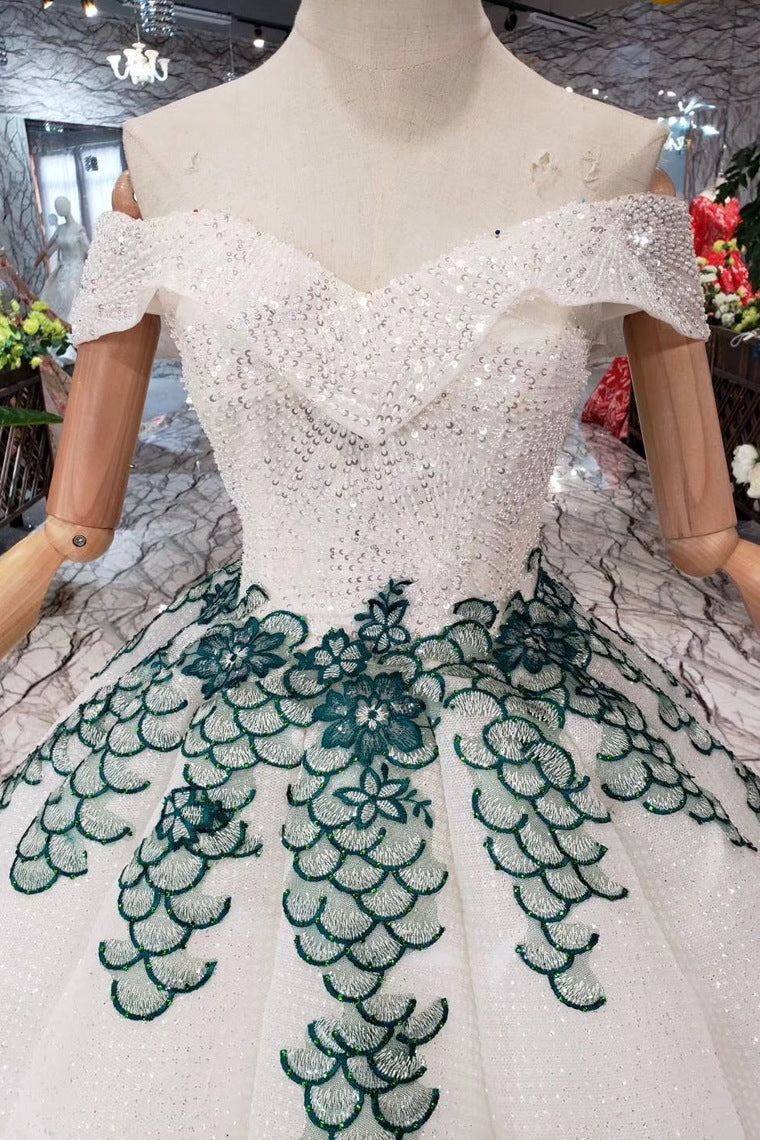 New Arrival Ball Gown Off the Shoulder Prom Dresses with Green Appliques Quinceanera Dresses N1649