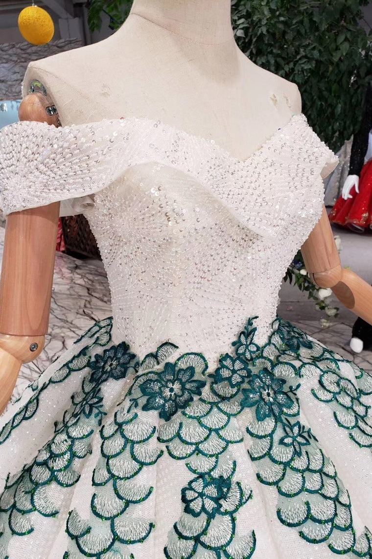 New Arrival Ball Gown Off the Shoulder Prom Dresses with Green Appliques Quinceanera Dresses N1649
