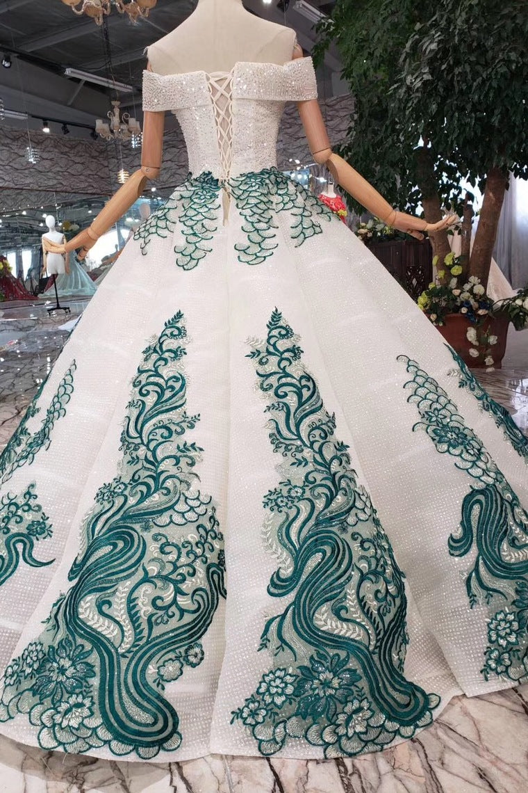 New Arrival Ball Gown Off the Shoulder Prom Dresses with Green Appliques Quinceanera Dresses N1649