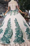New Arrival Ball Gown Off the Shoulder Prom Dresses with Green Appliques Quinceanera Dresses N1649