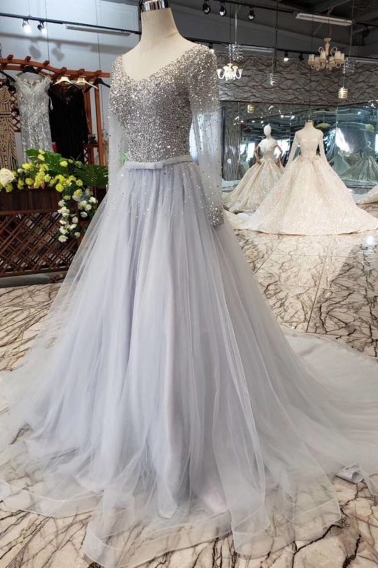 A Line Long Sleeves Tulle Prom Dress with Sequins, Sparkly V Neck Evening Dresses N1647