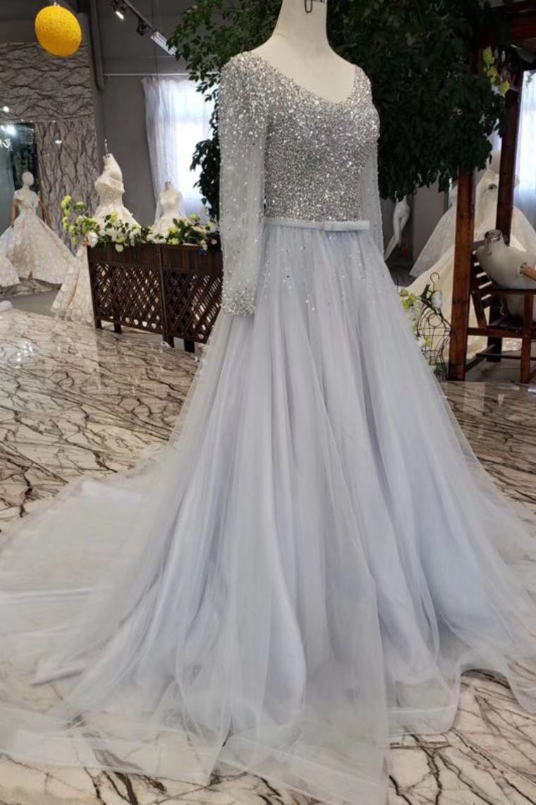 Sparkly A-Line V-Neck Long Sleeves Tulle Prom Dress with Sequins N1647