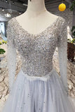 Sparkly A-Line V-Neck Long Sleeves Tulle Prom Dress with Sequins N1647