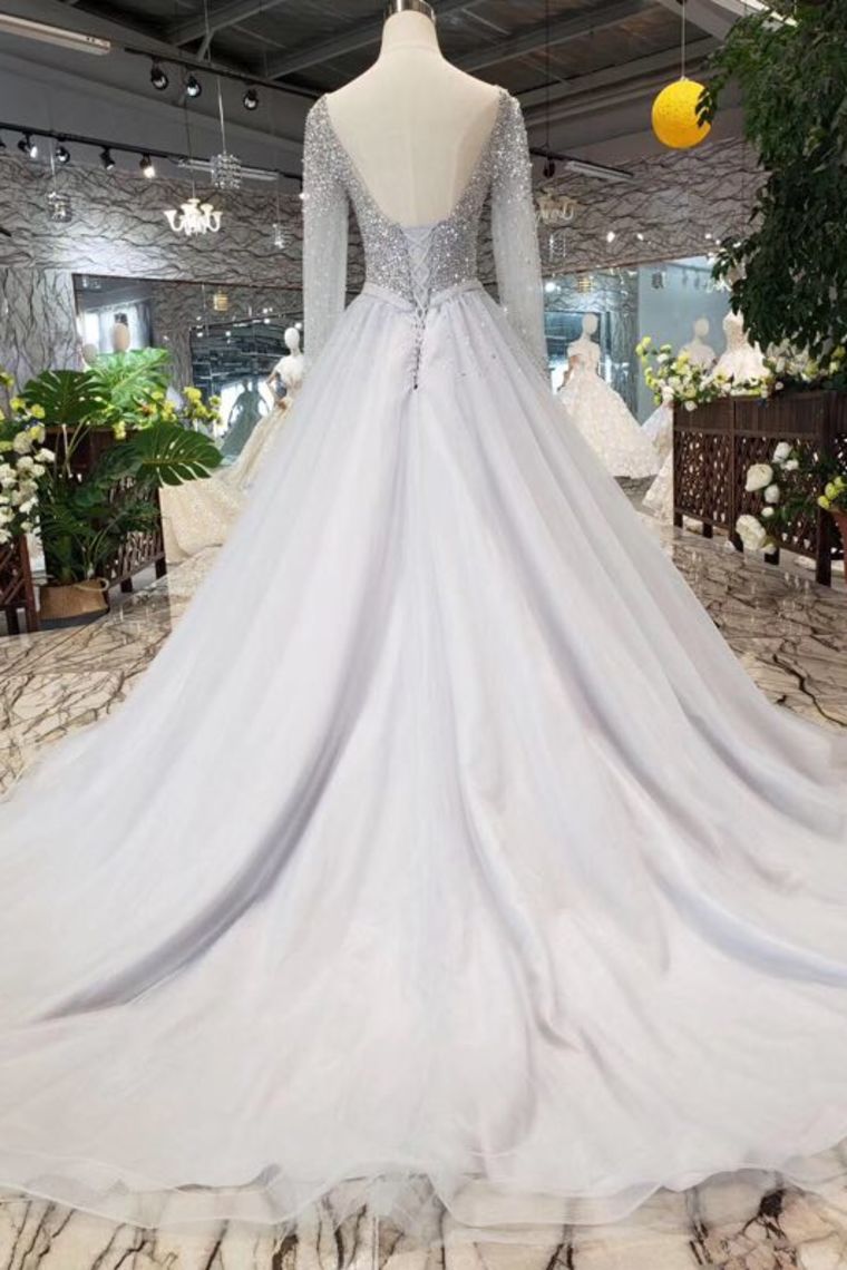 Sparkly A-Line V-Neck Long Sleeves Tulle Prom Dress with Sequins N1647