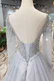 Sparkly A-Line V-Neck Long Sleeves Tulle Prom Dress with Sequins N1647