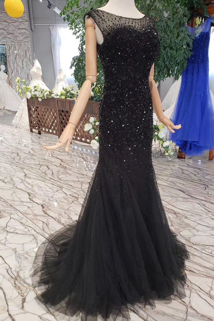 Black Mermaid Tulle Prom Dresses with Sequins Sparkly Sleeveless Evening Dresses N1645