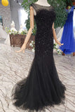 Black Mermaid Tulle Prom Dresses with Sequins Sparkly Sleeveless Evening Dresses N1645