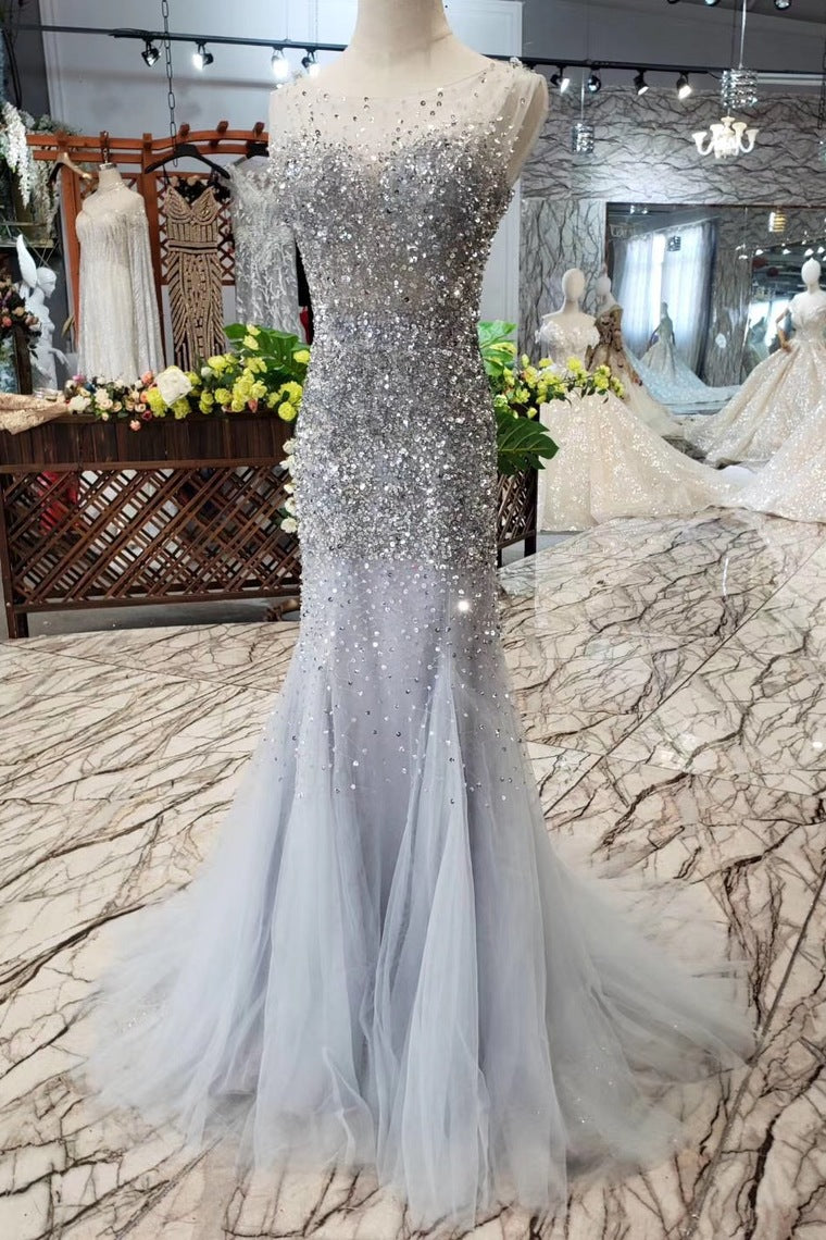 Gorgeous Mermaid Tulle Prom Dresses with Sequins Sparkly Sleeveless Evening Dresses N1646
