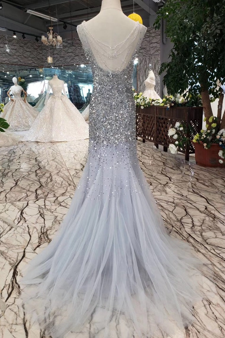 Gorgeous Mermaid Tulle Prom Dresses with Sequins Sparkly Sleeveless Evening Dresses N1646