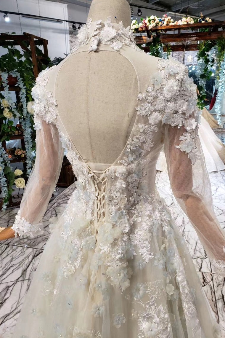 A Line High Neck Wedding Dresses with Flowers Long Sleeves Bridal Dresses N1650
