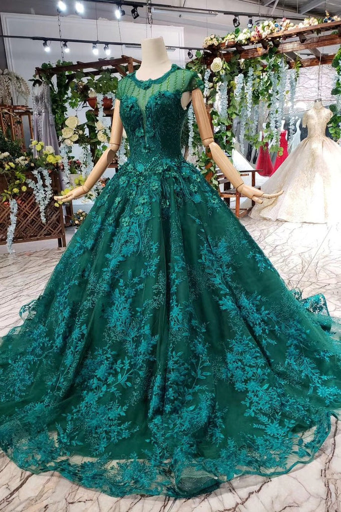 Dark Green Lace Ball Gown Prom Dress With Beads, Quinceanera Dress with ...