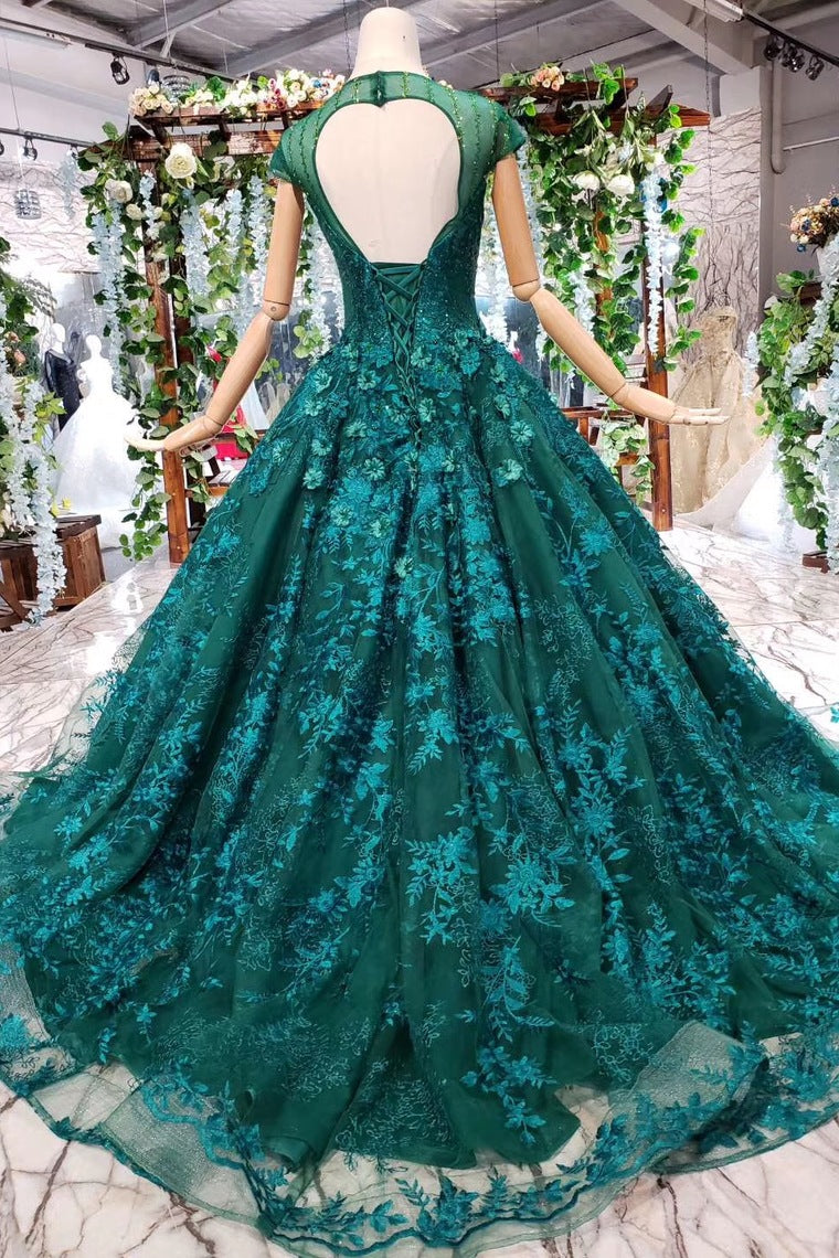 Dark Green Floral Appliques Ball Gown Quinceanera Prom Dresses With Beads