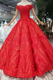 Red Off the Shoulder Puffy Prom Dress, Princess Dress with Lace Appliques Beads N1643