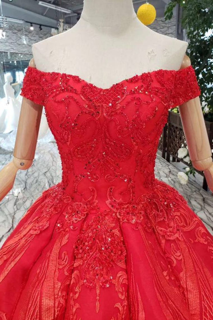Red Off the Shoulder Puffy Prom Dresses Princess Dresses with Lace Appliques Beads N1643