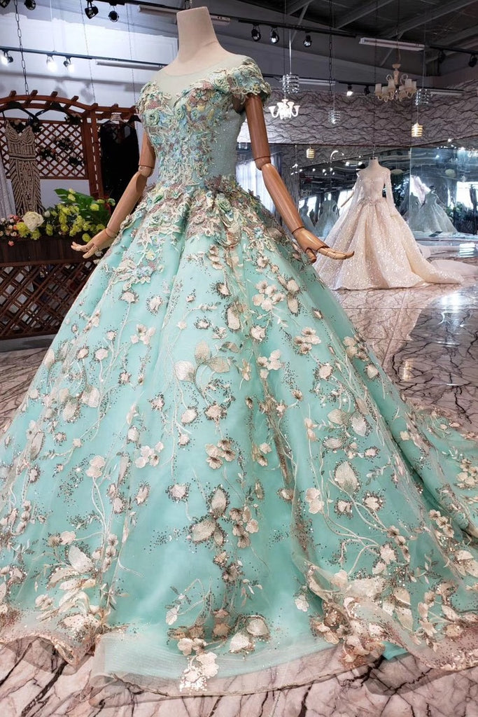 Big Sheer Neck Puffy Prom Dress with Cap Sleeves Fairy Tale Lace Dress with Beading N1644