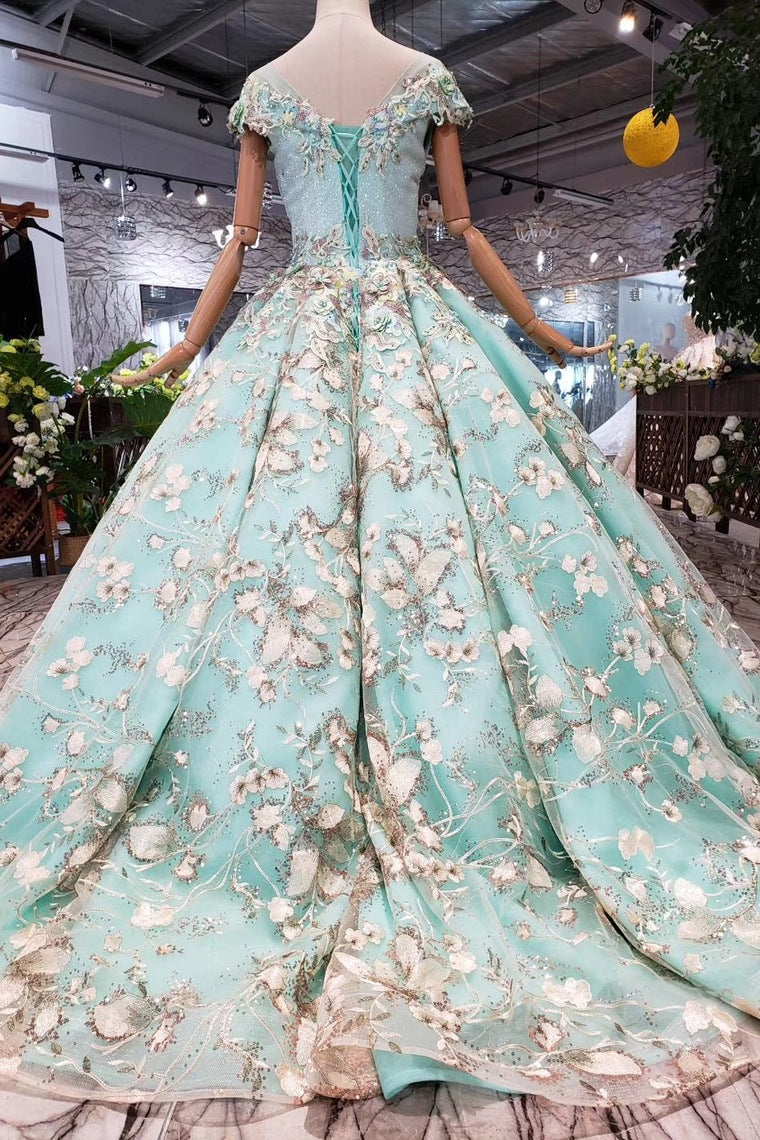 Big Sheer Neck Puffy Prom Dress with Cap Sleeves Fairy Tale Lace Dress with Beading N1644